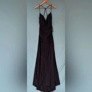 NWT La Femme Long Crisscross Strapped High Slit Sheath Gown Black Sz 10 Prom